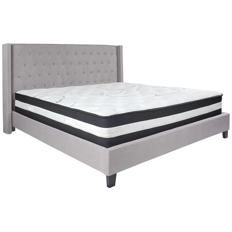 Kathy King Size Platform Bed in Beige Fabric with Pocket Spring Mattress