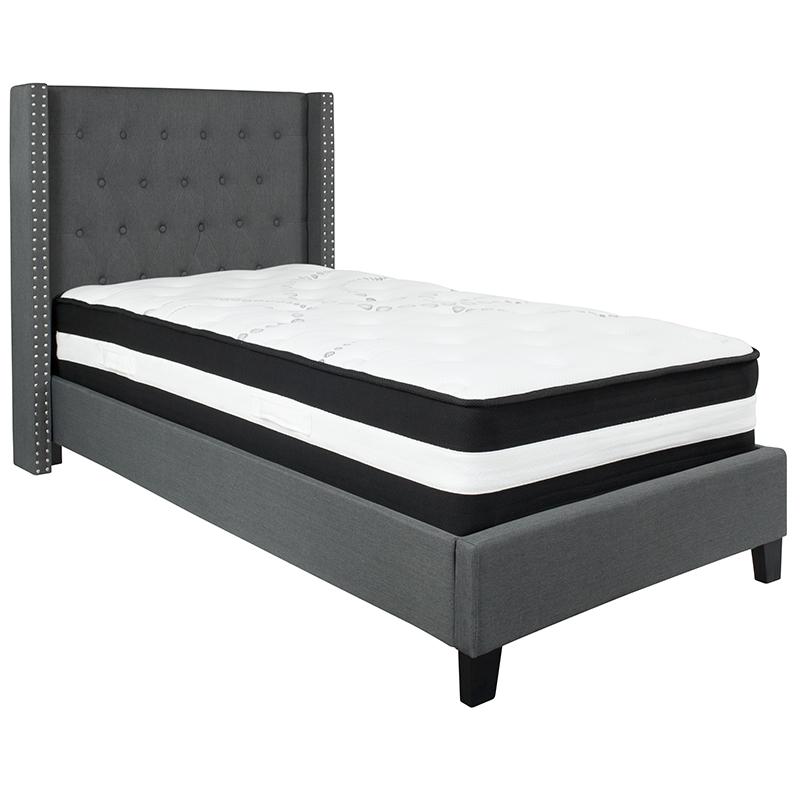 Kathy Twin Size Platform Bed in Beige Fabric with Pocket Spring Mattress