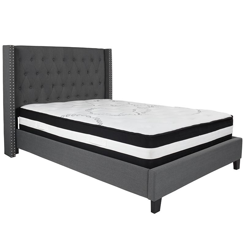 Kathy Full Size Platform Bed in Beige Fabric with Pocket Spring Mattress