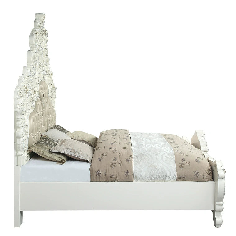 Vanaheim Eastern King Bed, Beige Synthetic Leather & Antique White Finish