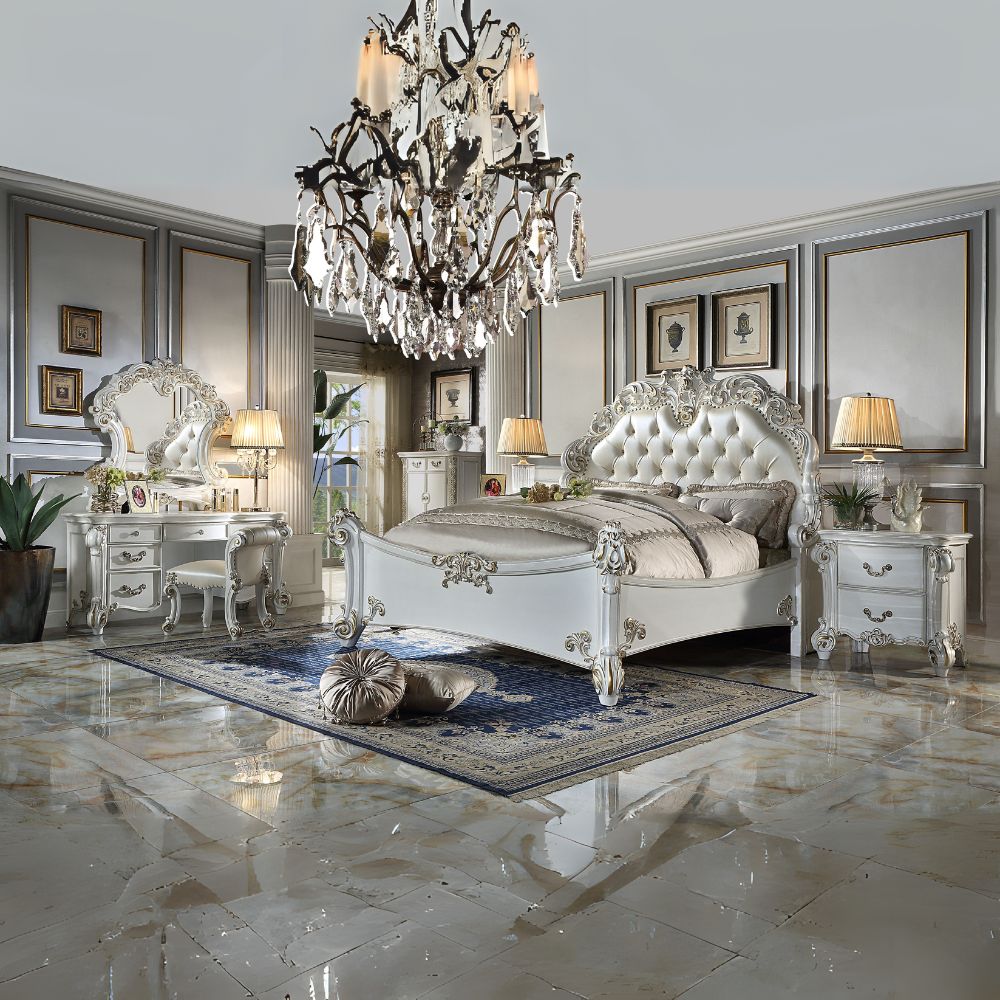 Aneta Vendome Queen Antique Pearl Synthetic Leather Bed – Traditional Carved Accents