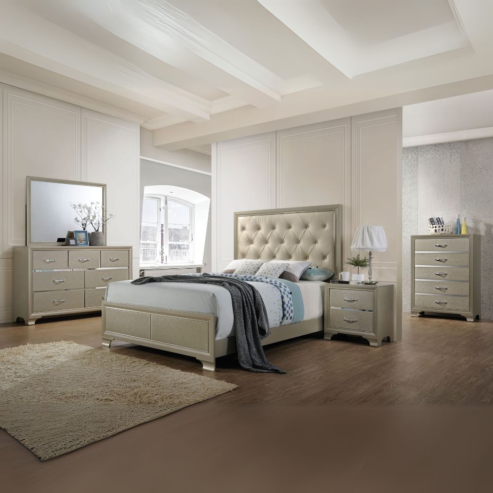 Carine Queen Bed, Synthetic Leather & Champagne