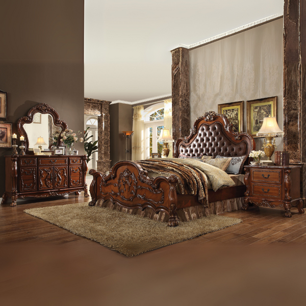 Dresden Queen Bed Leatherette & Cherry Oak Faux Leather – Baroque Design with Oversized Headboard