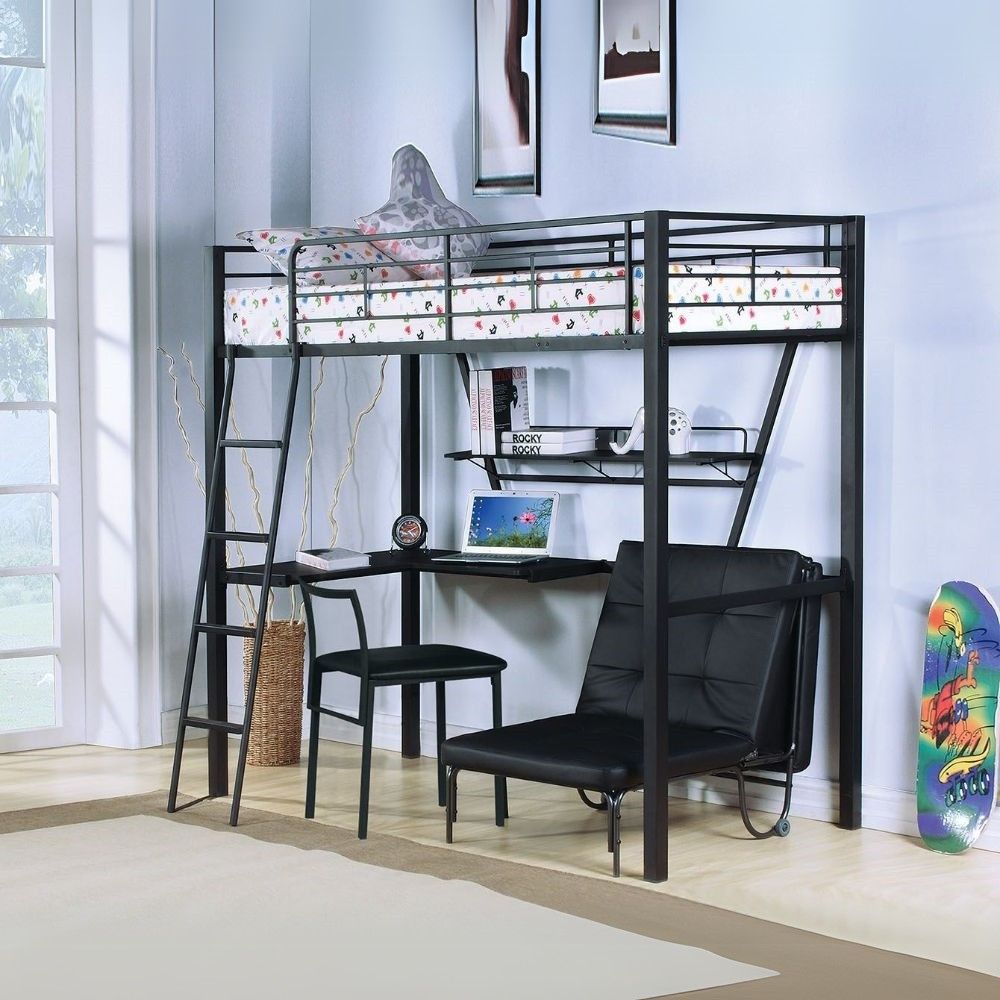 Goa Senon Twin Silver Black Metal Loft Bed  Industrial Style Space-Saver with Integrated Study Desk & 58" Clearance