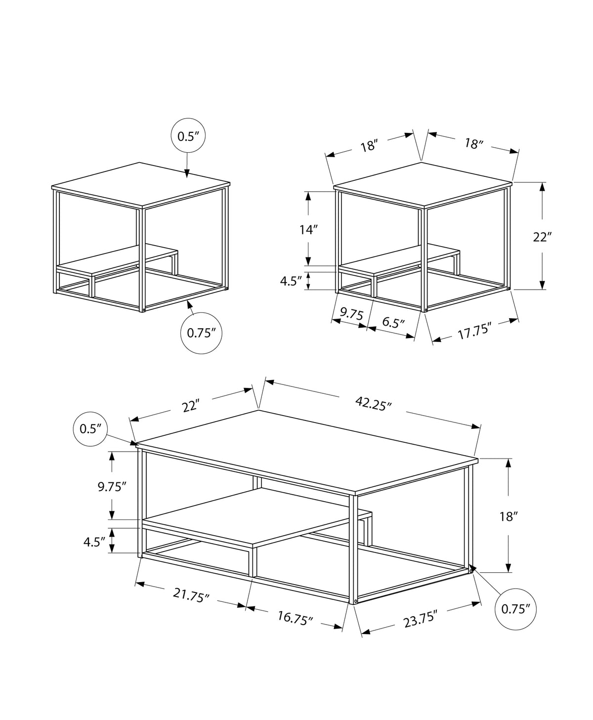Genera - Table Set 3pcs Set Coffee End Side Accent Living Room