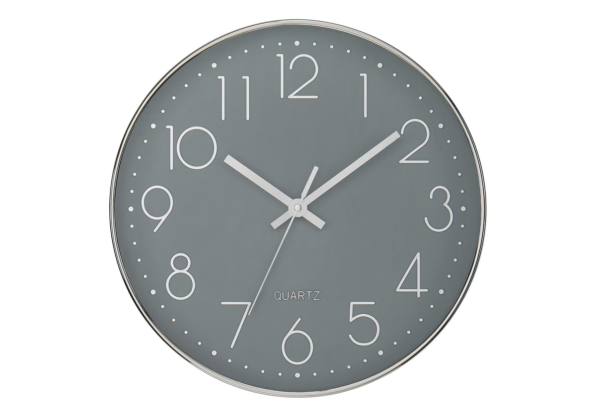 Kala - Clocks 12" Round Wall Clock Grey Face Silver Frame Contemporary