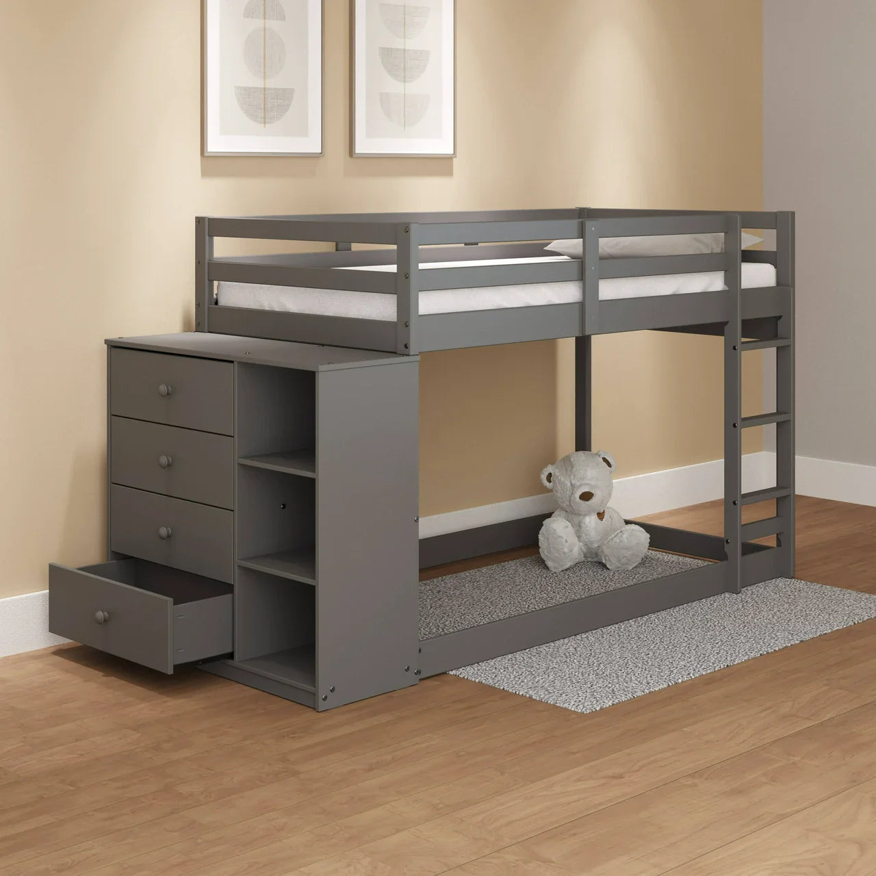 Nastik Gaston Gray Wood Bunk Bed T/T  With Drawers, Compartments & Ladder