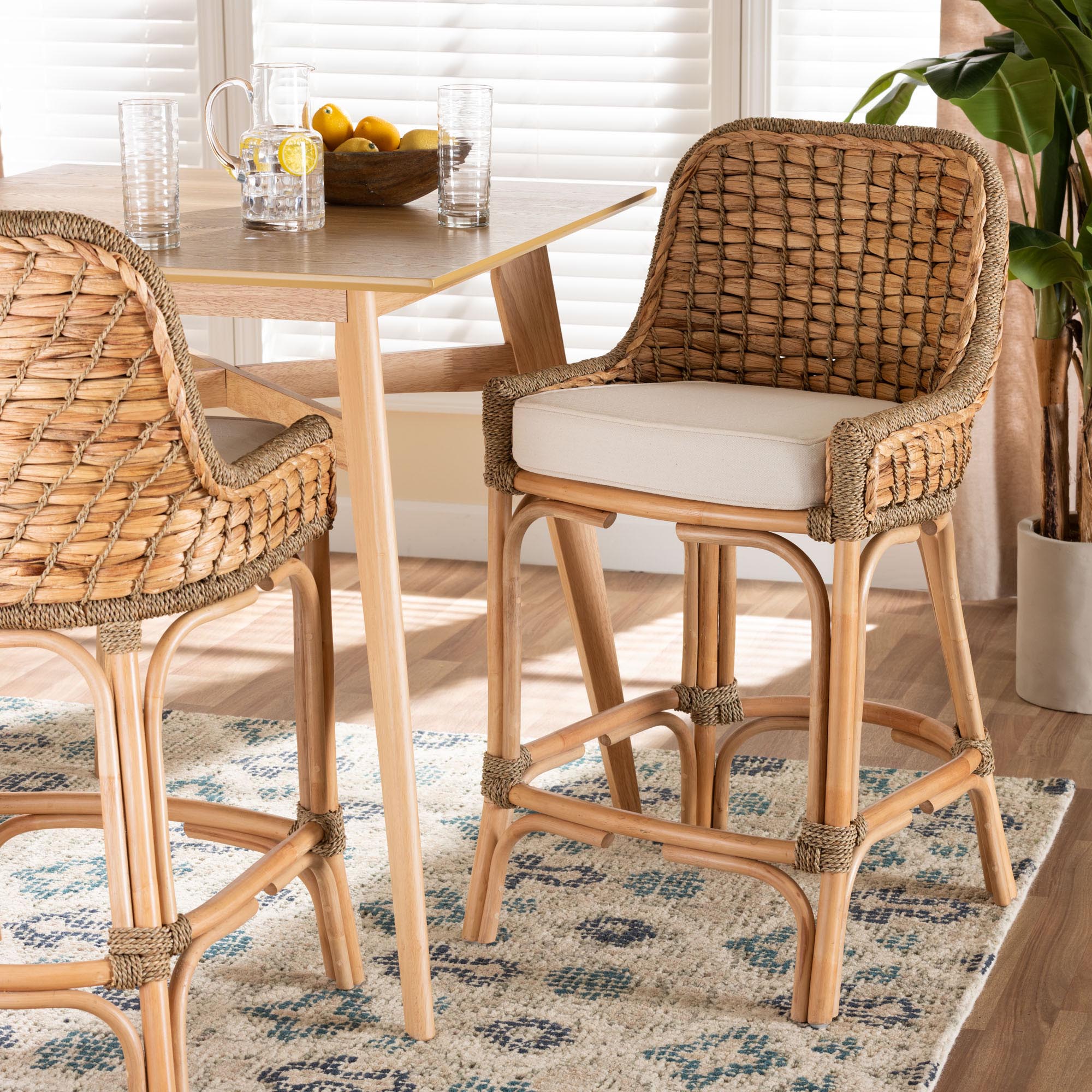 Kyle Modern Bohemian Natural Brown Woven Rattan Counter Stool with Cushion
