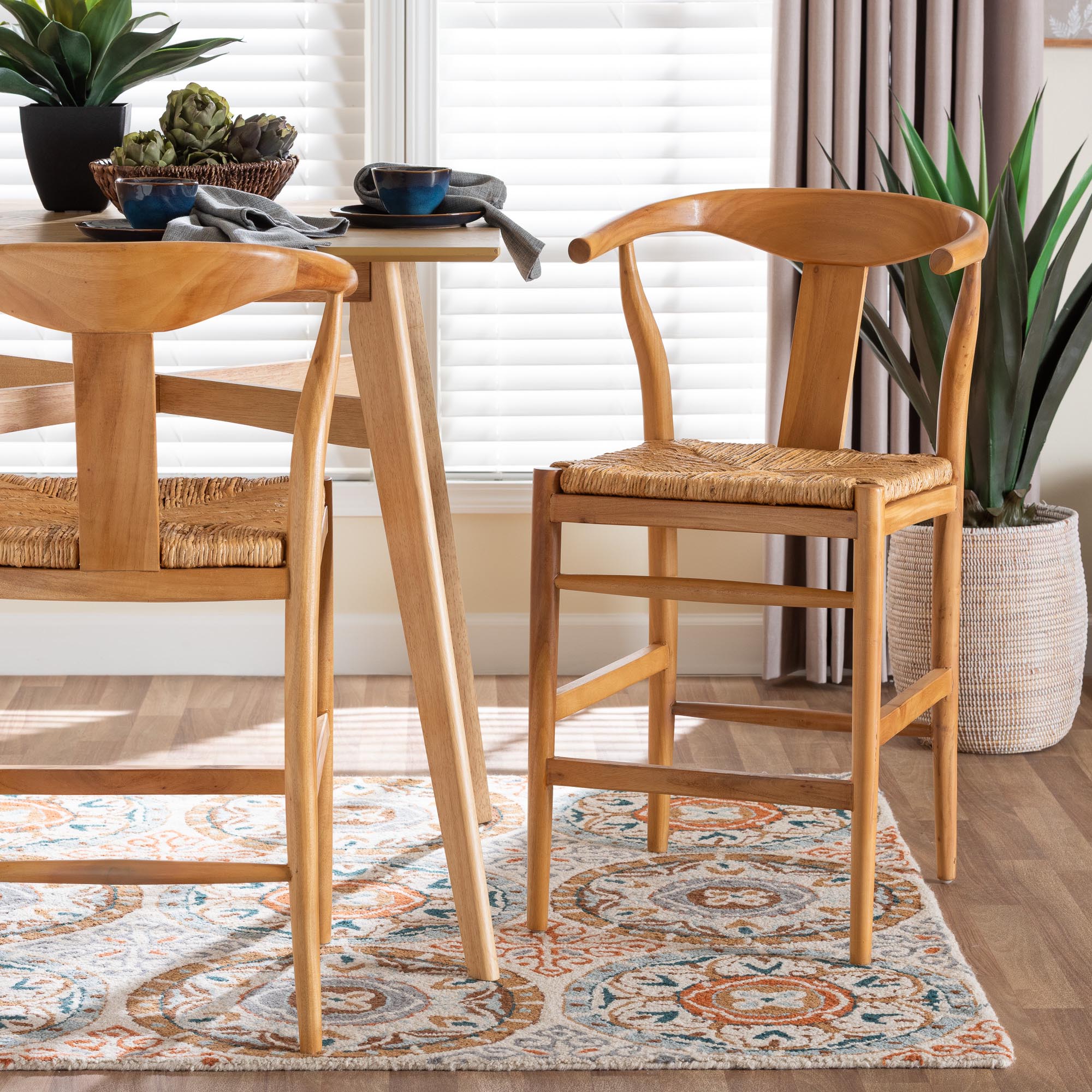 Fika Counter Stool with Woven Seagrass Seat - Handwoven Wicker Stool with Arms and Wishbone Backrest, Boho Coastal Seating for Kitchen Island or Dining Counter