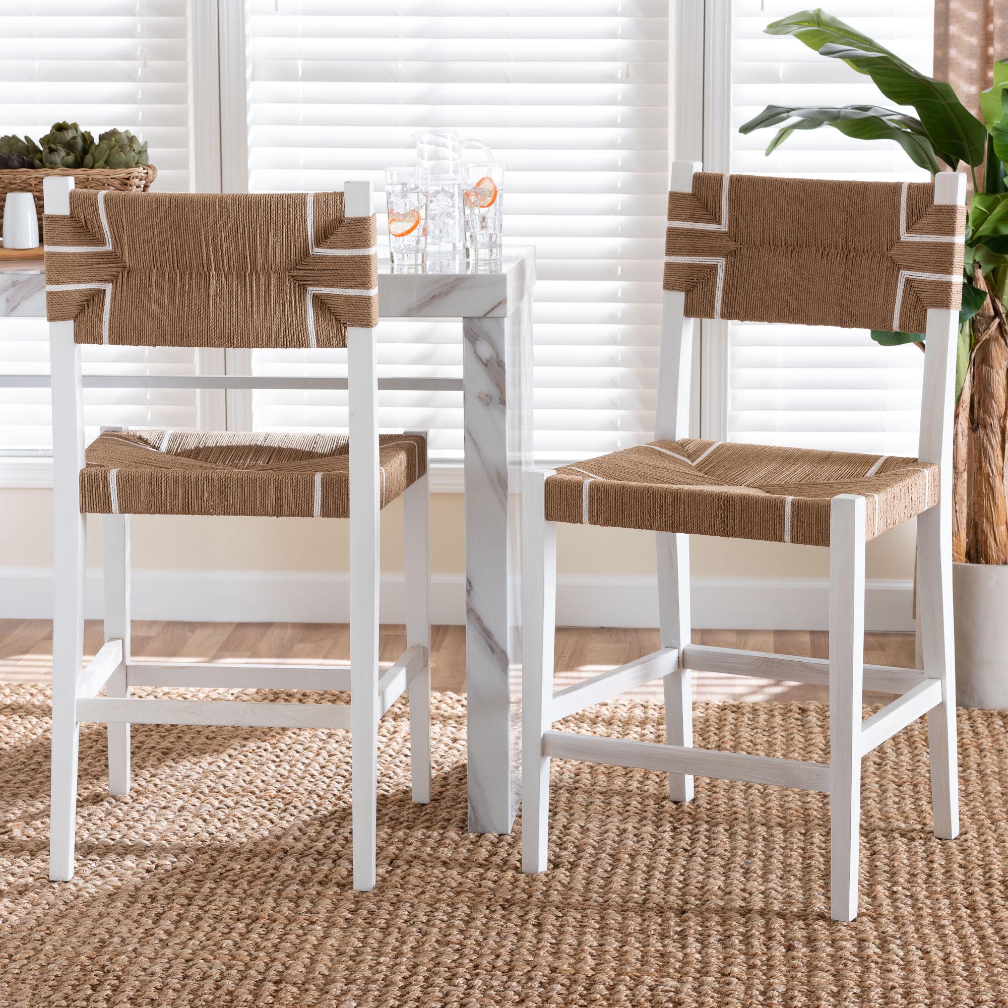 bali & pari Talli Bohemian Paper Loom and White Mahogany Wood 2-Piece Counter Stool Set