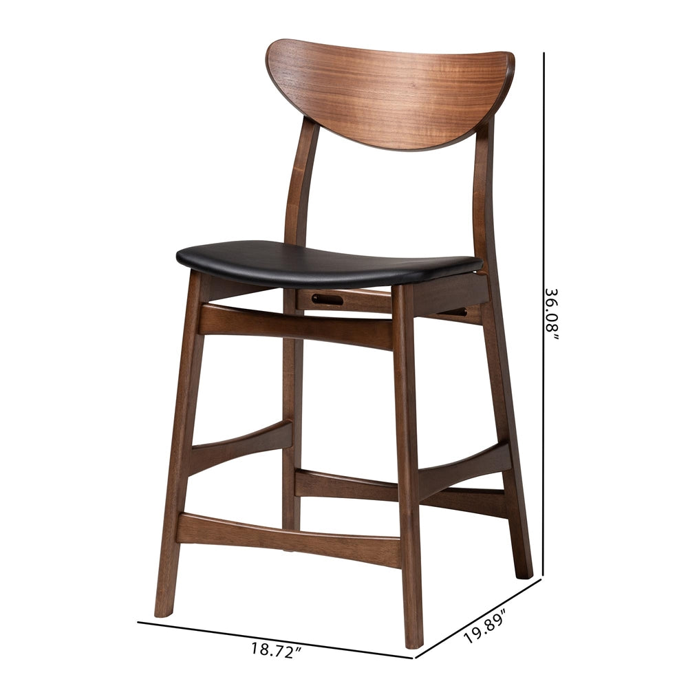 Latina Mid-century Retro Modern Scandinavian Style Black Faux Leather Upholstered Walnut Wood Finishing 24-Inches Counter Stool (Set of 2)