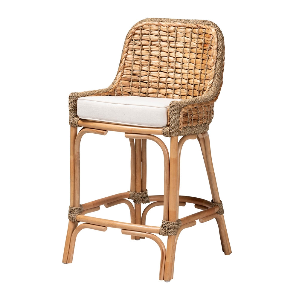 Kyle Modern Bohemian Natural Brown Woven Rattan Counter Stool with Cushion