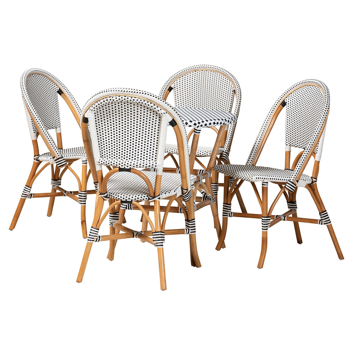 Genica Classic French Black and White Weaving and Natural Brown Rattan 5-Piece Indoor and Outdoor Bistro Set