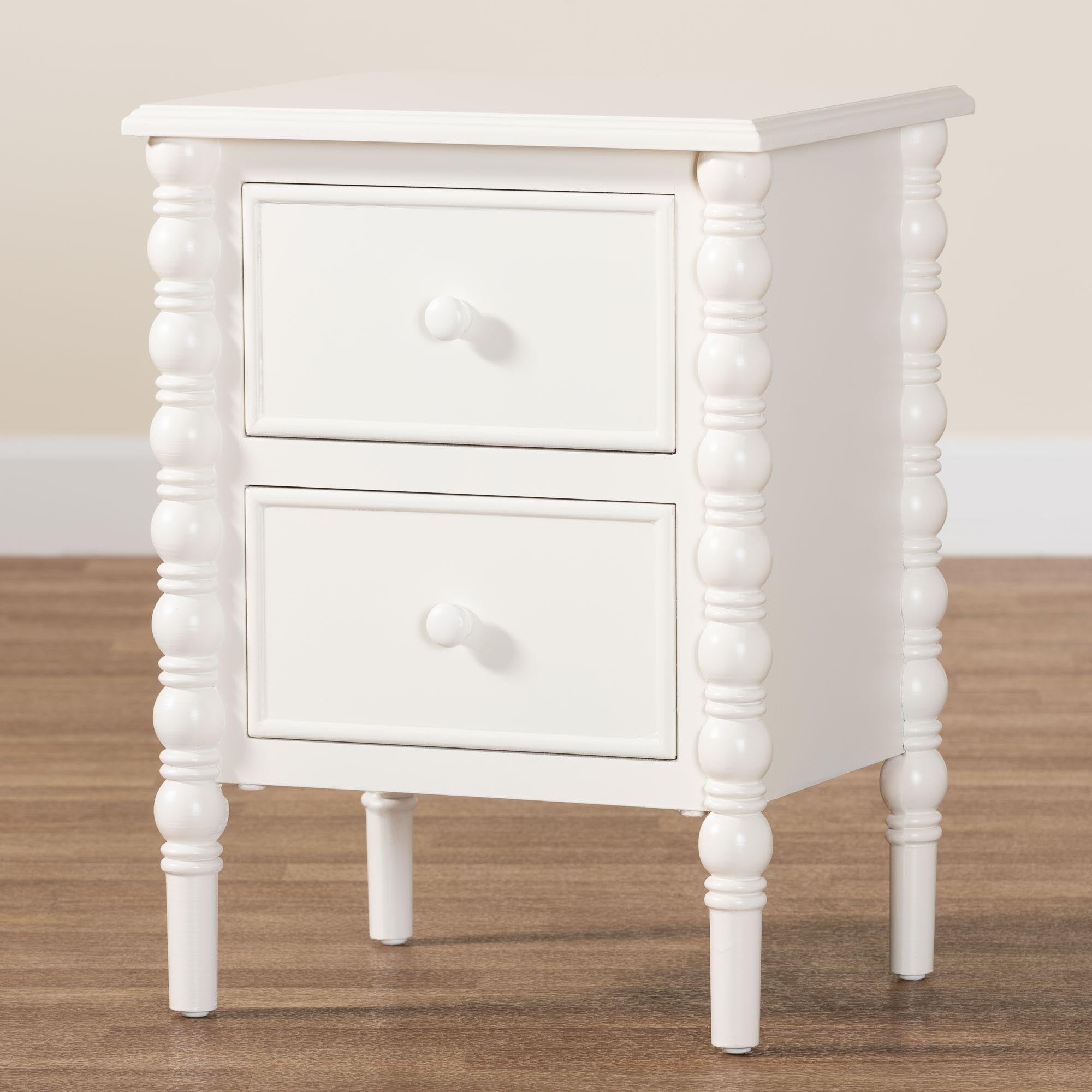 Malinda Classic White Wood 2-Drawer End Table with Spindle Legs