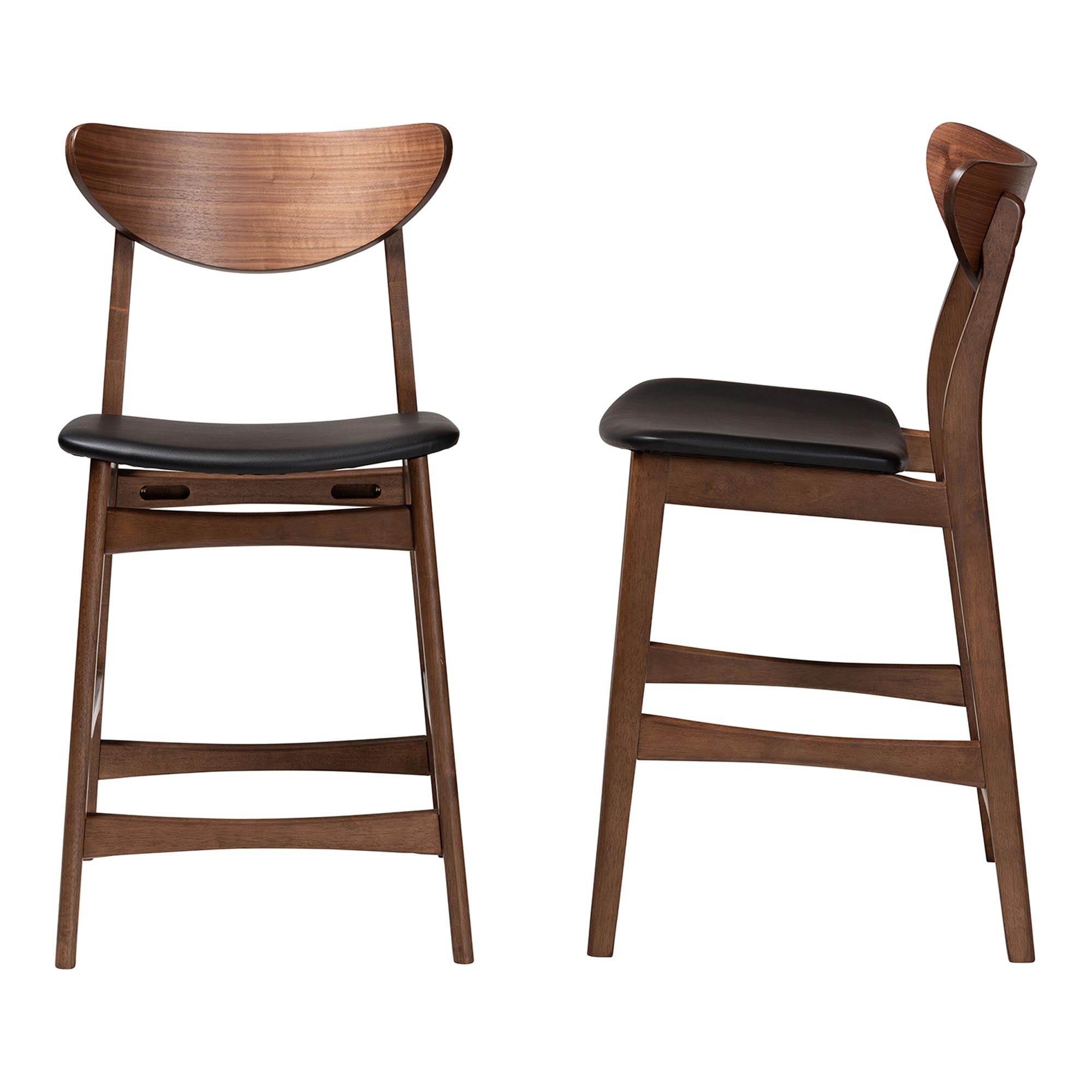 Latina Mid-century Retro Modern Scandinavian Style Black Faux Leather Upholstered Walnut Wood Finishing 24-Inches Counter Stool (Set of 2)