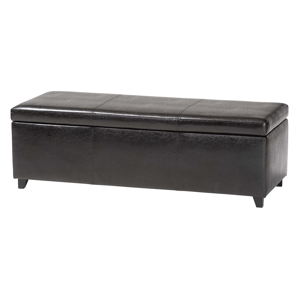 Dark Brown Faux Leather Storage Bench Ottoman with Stitching
