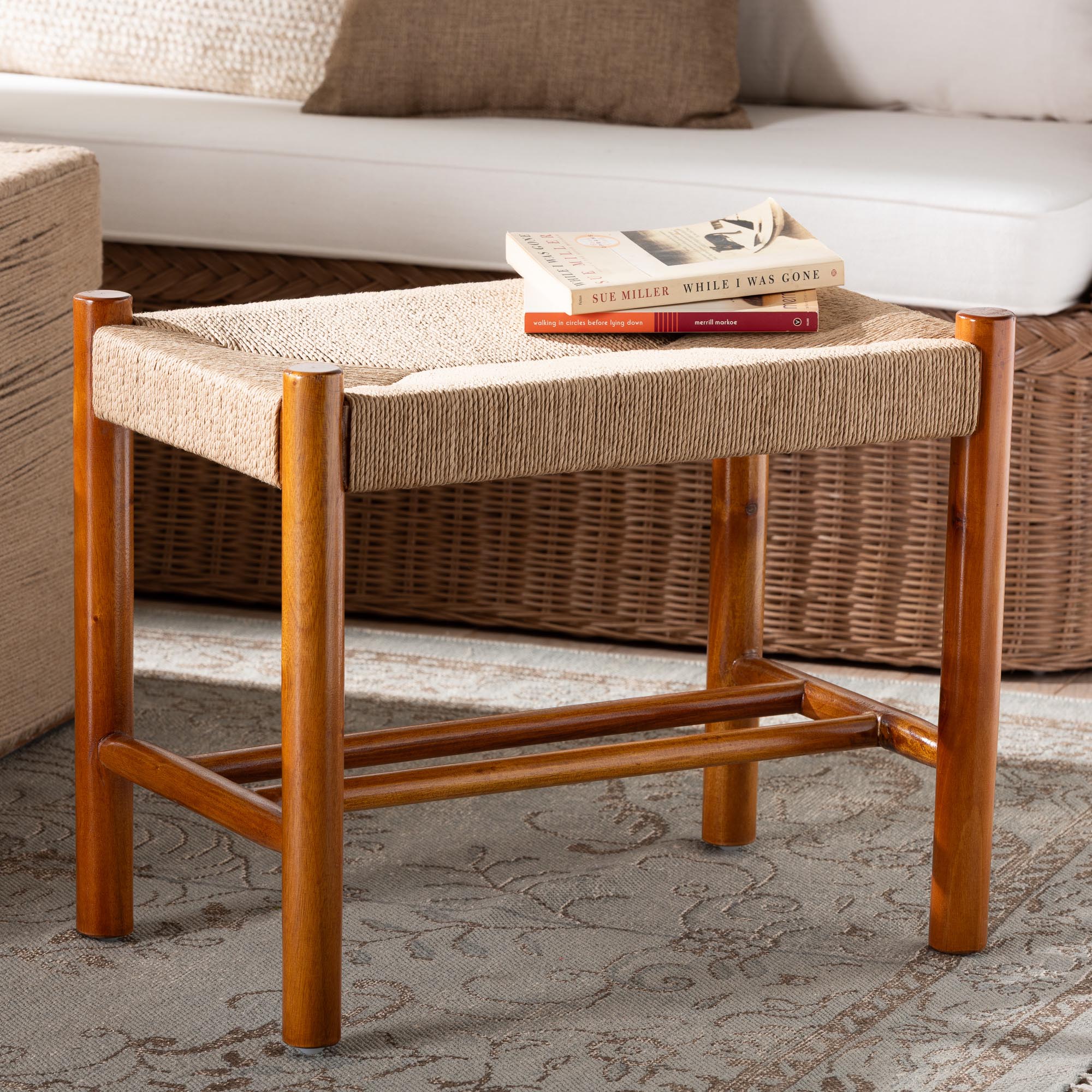 Saura Mid-Century Modern Oak Brown Finished Wood and Hemp Accent Bench