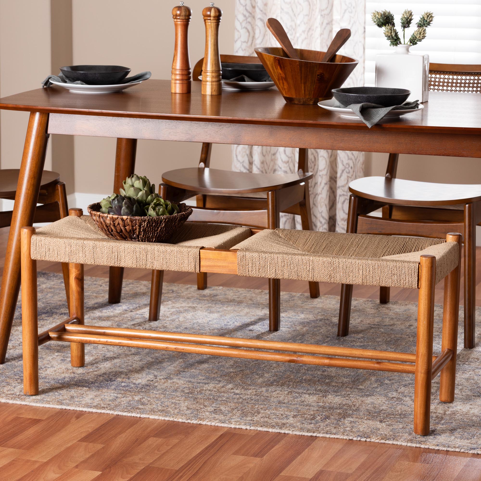 Saura Mid-Century Modern Oak Brown Finished Wood and Hemp Dining Bench