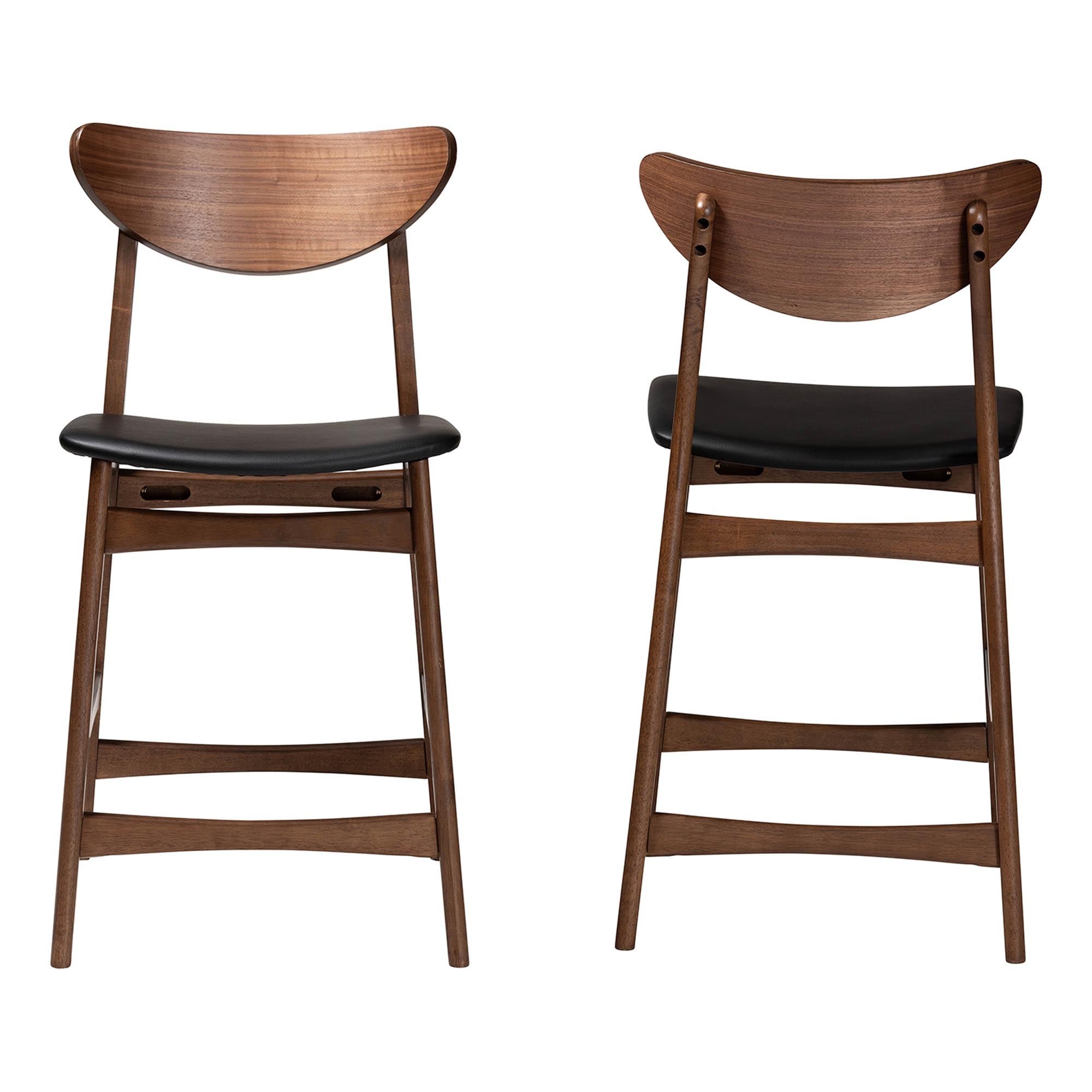 Latina Mid-century Retro Modern Scandinavian Style Black Faux Leather Upholstered Walnut Wood Finishing 24-Inches Counter Stool (Set of 2)