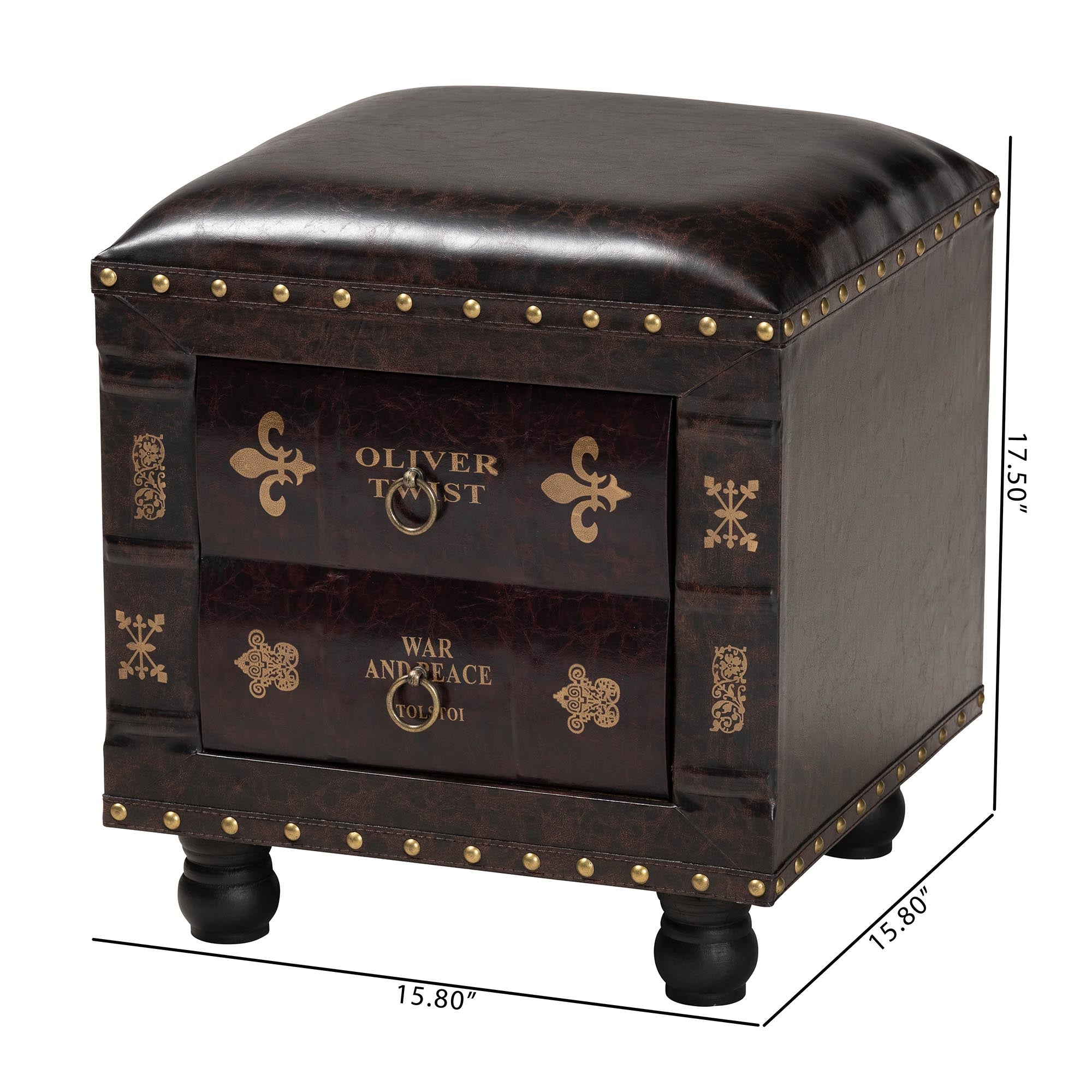 Charlier Rustic Antique Inspired Dark Brown Faux Leather Upholstered Wood Storage Ottoman with Book Spine Drawer