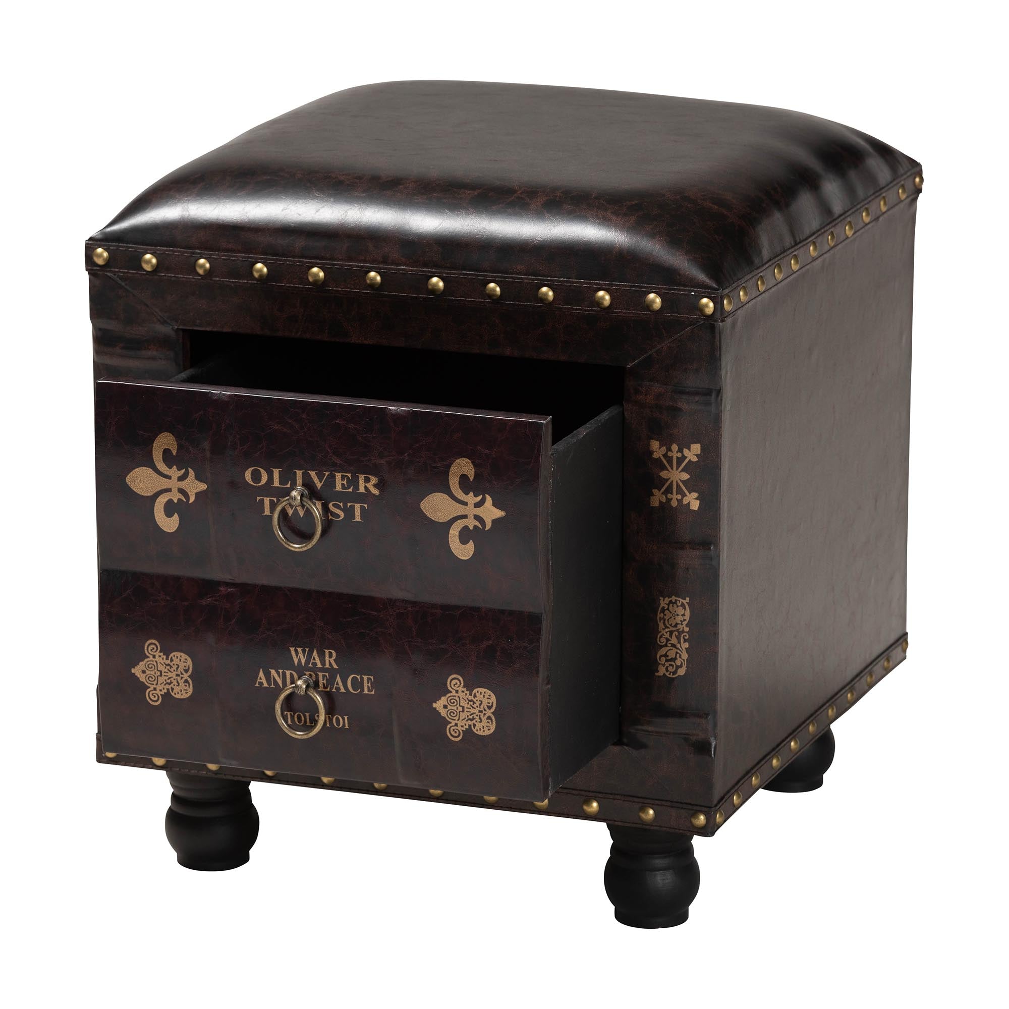 Charlier Rustic Antique Inspired Dark Brown Faux Leather Upholstered Wood Storage Ottoman with Book Spine Drawer