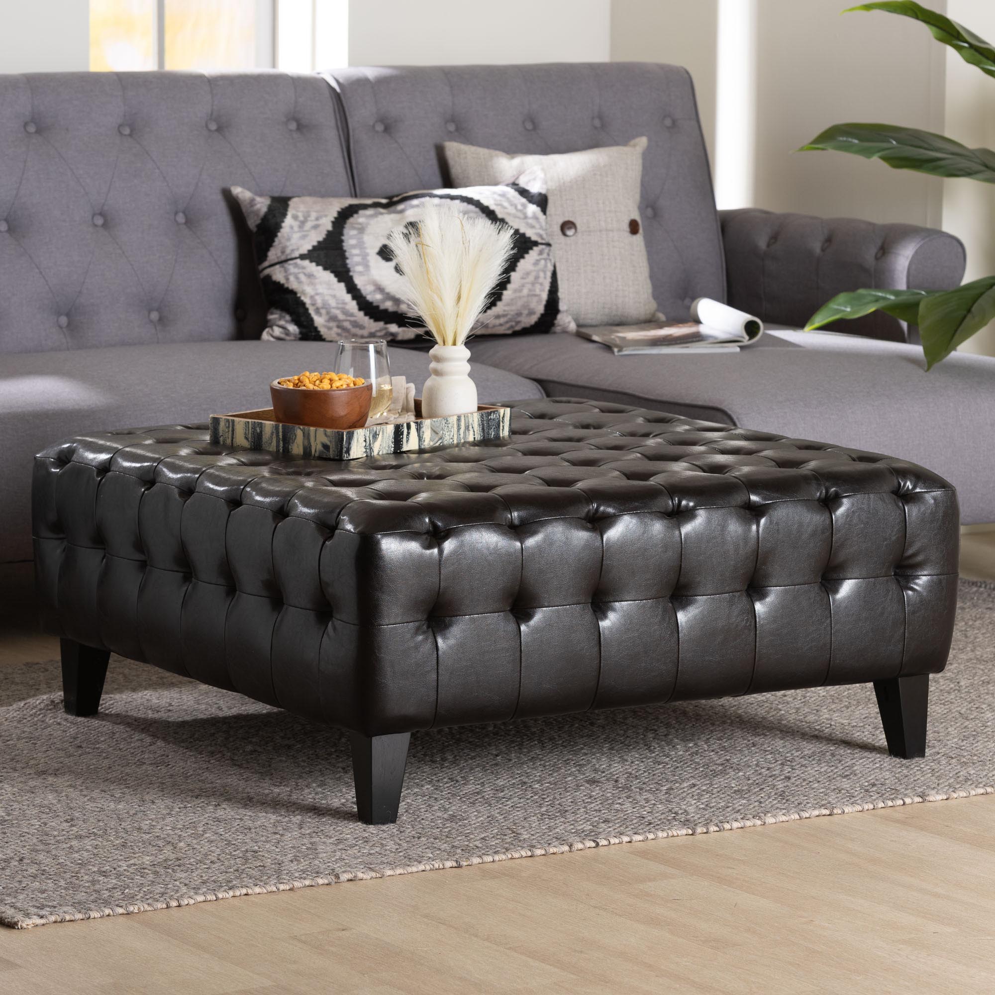 Dark Brown Bonded Leather Square Ottoman