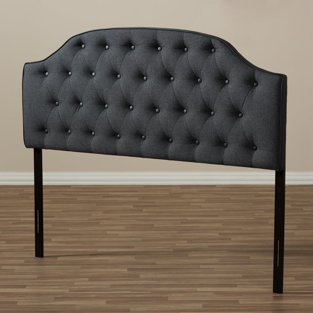 Windsor Modern and Contemporary Dark Grey Fabric Upholstered Scalloped Buttoned Queen Size Headboard