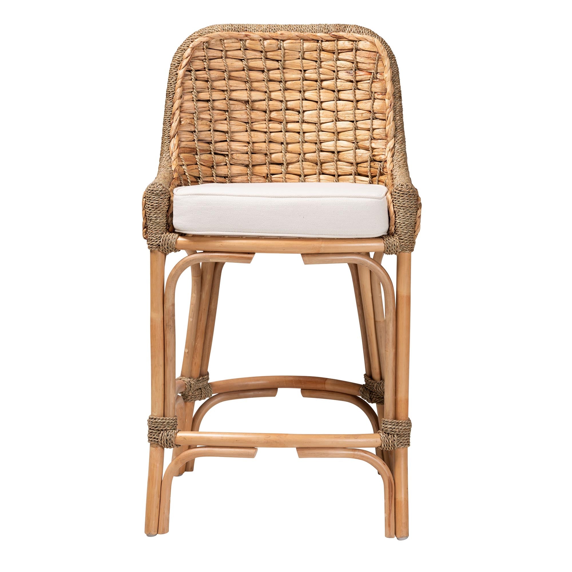 Kyle Modern Bohemian Natural Brown Woven Rattan Counter Stool with Cushion