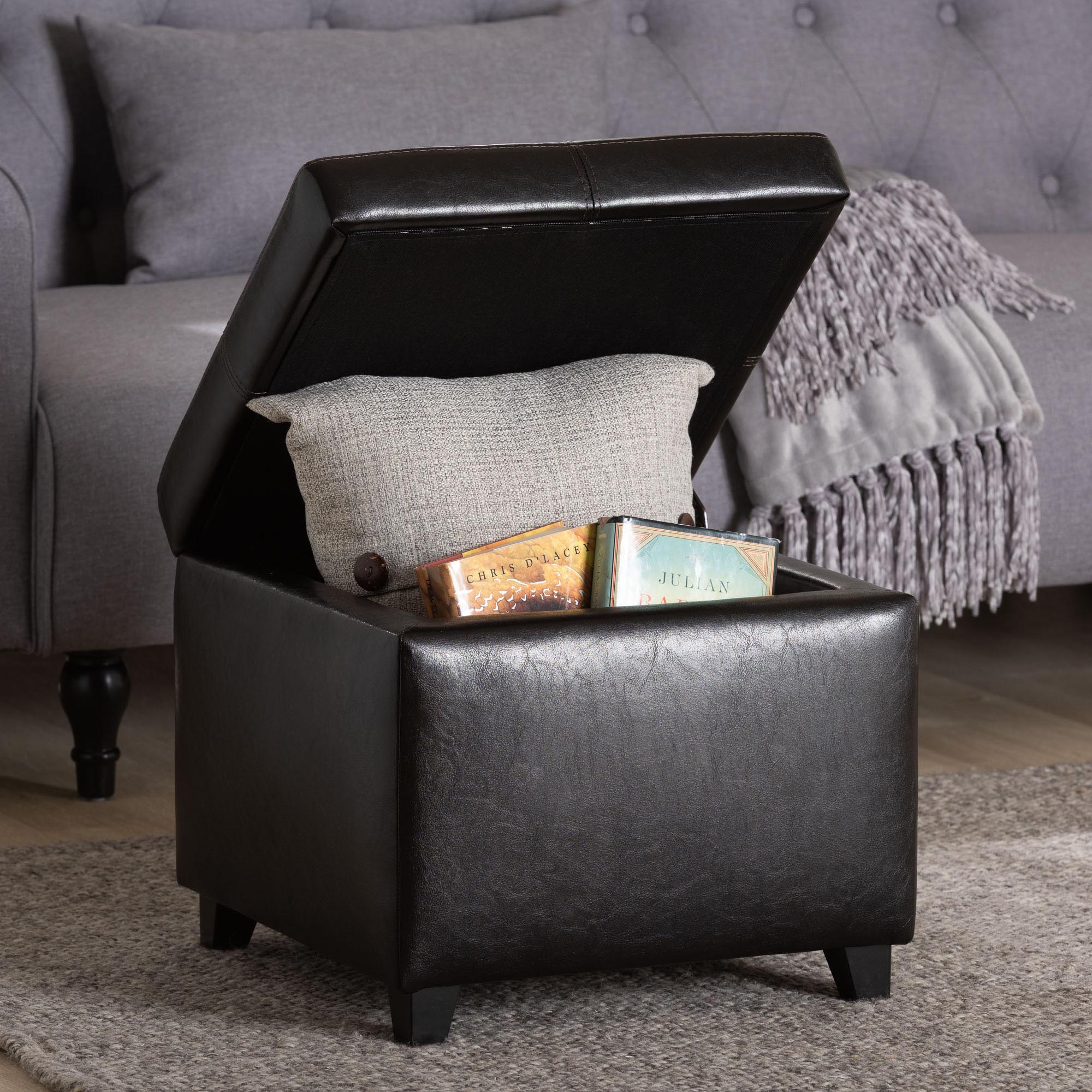 Dark Brown Upholstered Leather Cube Storage Ottoman