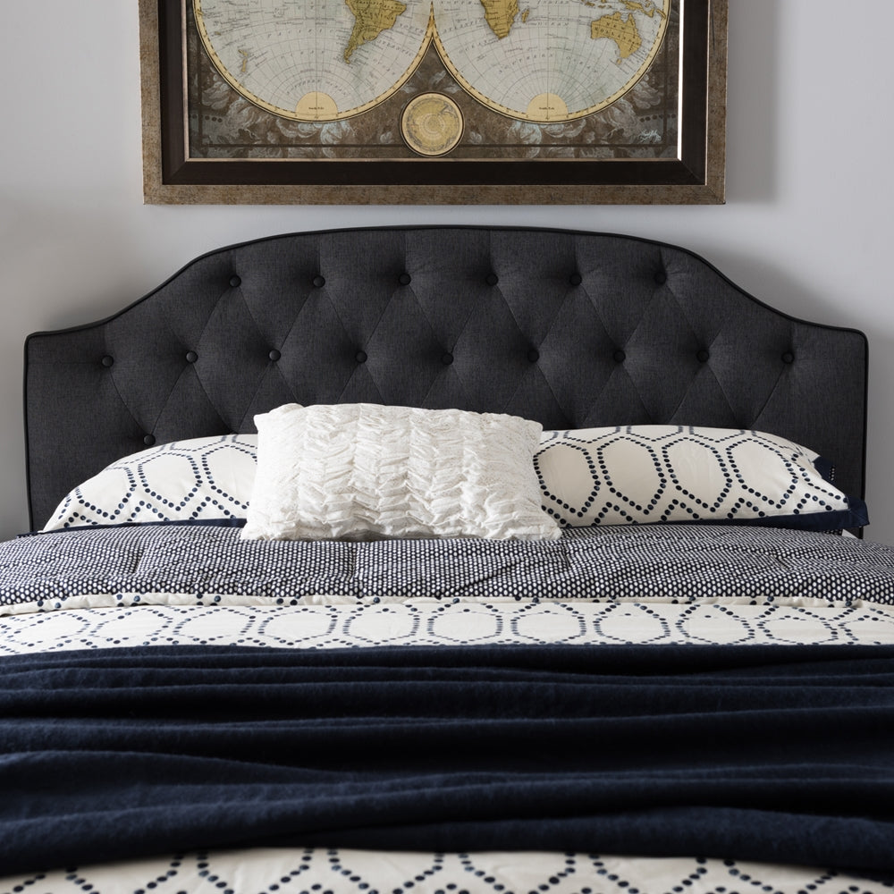 Windsor Modern and Contemporary Dark Grey Fabric Upholstered Scalloped Buttoned Queen Size Headboard