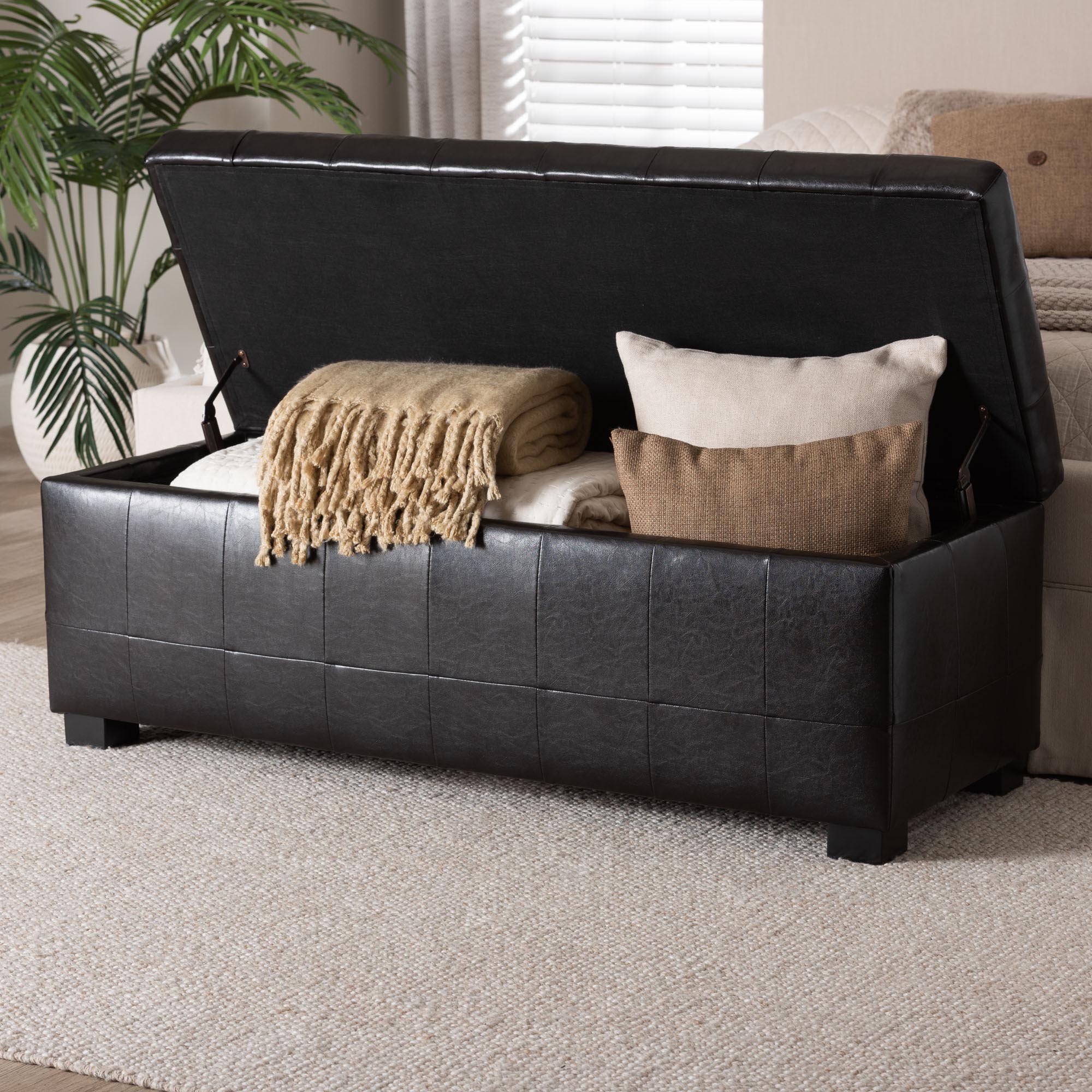 Dark Brown Faux Storage Bench & Button Tufted Ottoman
