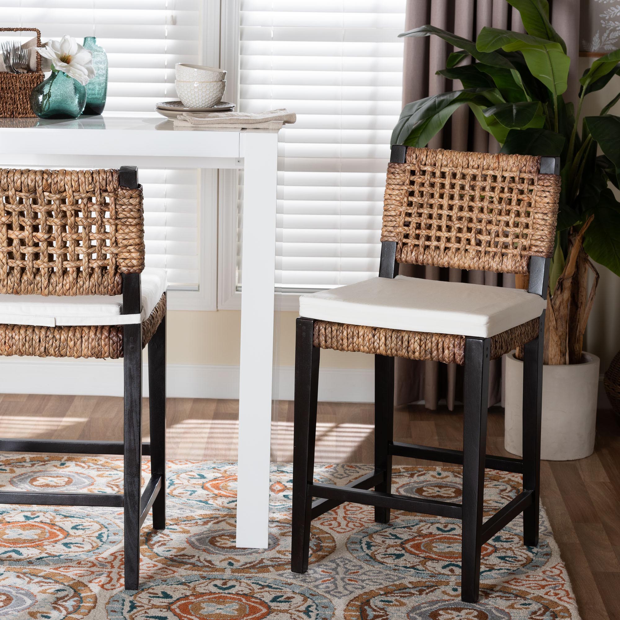 Alise Modern Bohemian Dark Brown Mahogany Wood and Seagrass Counter Stool