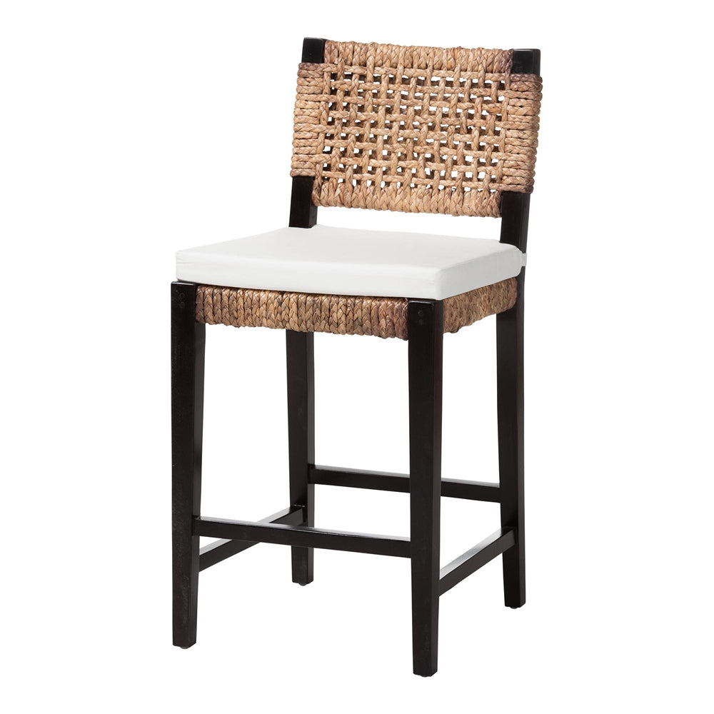 Alise Modern Bohemian Dark Brown Mahogany Wood and Seagrass Counter Stool