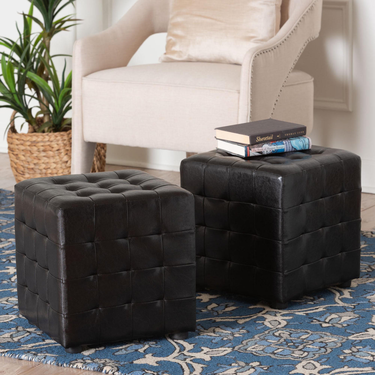 Siskal Dark Brown Modern Cube Ottoman (Set of 2)