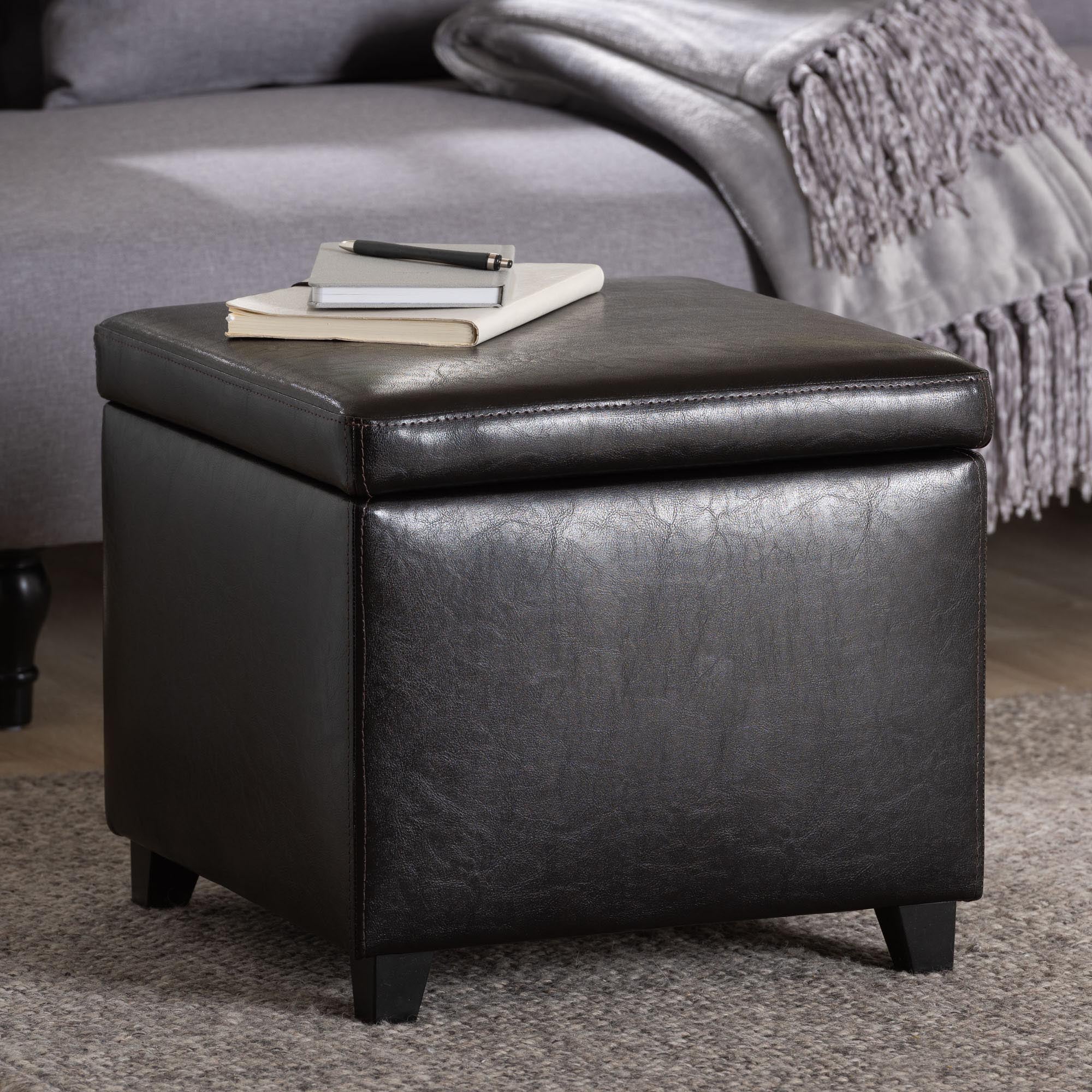 Small Storage Cube Ottoman in Faux Leather Upholstery