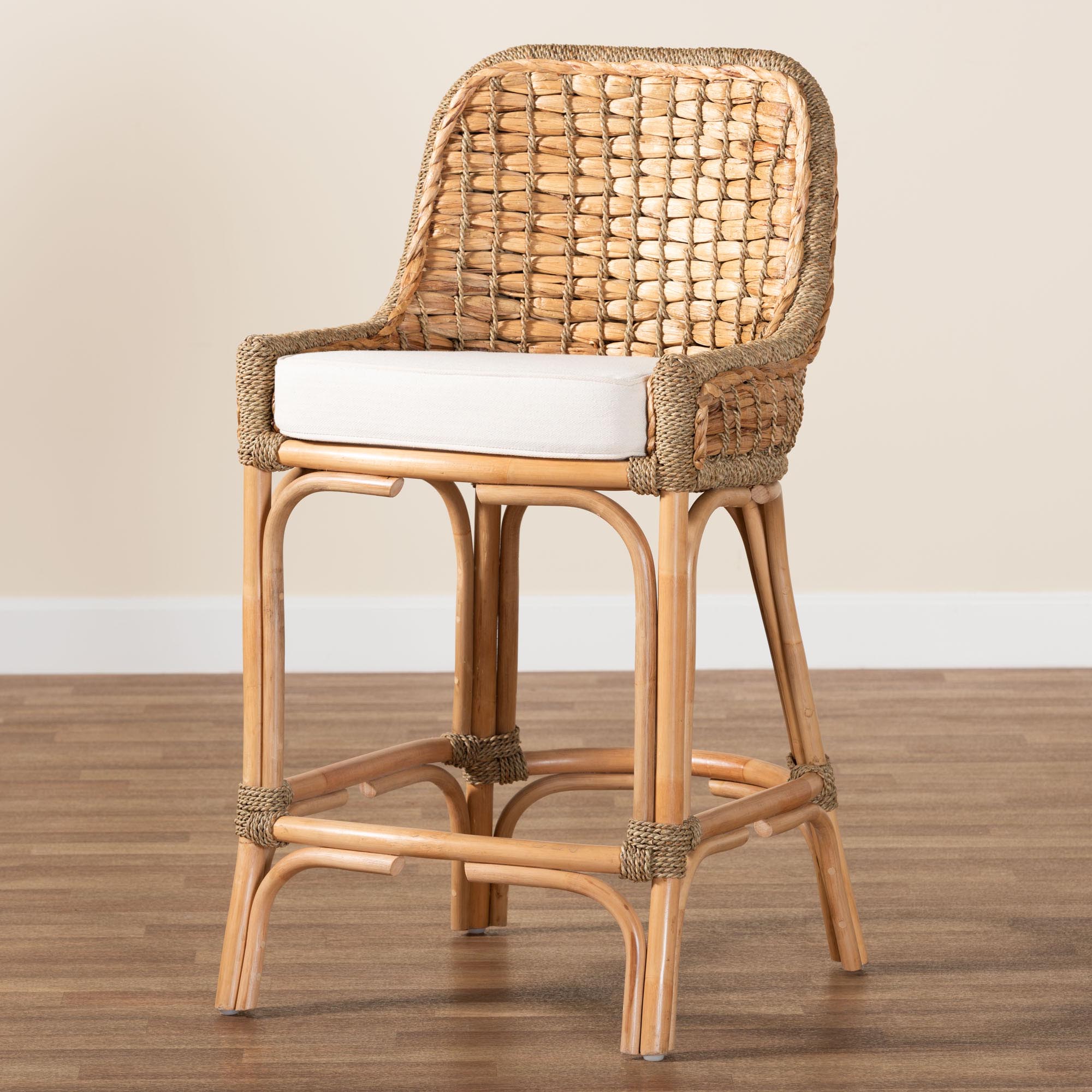 Kyle Modern Bohemian Natural Brown Woven Rattan Counter Stool with Cushion