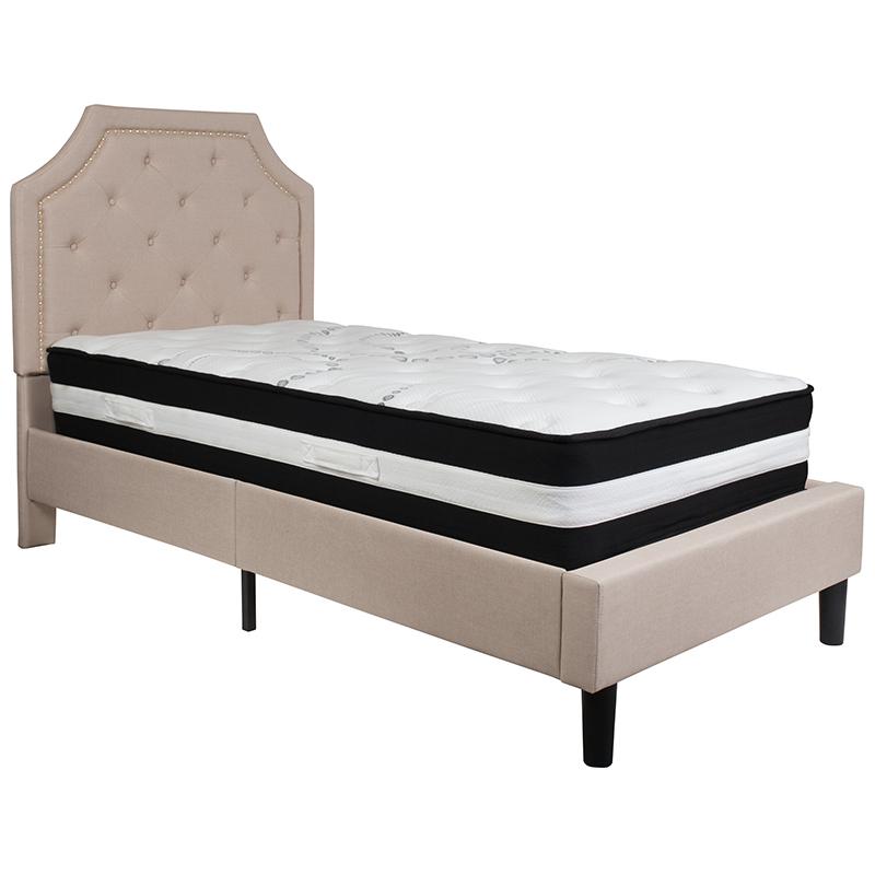 Twin Size Platform Bed in Dark Grey Fabric with Pocket Spring Mattress