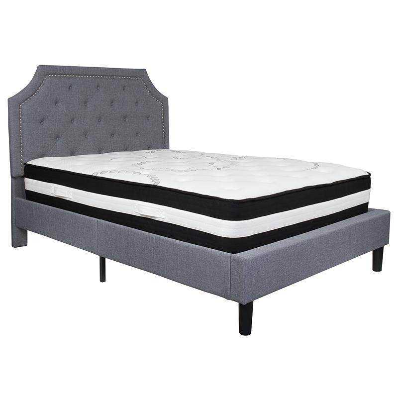 Full Size Platform Bed in Light Grey Fabric with Pocket Spring Mattress