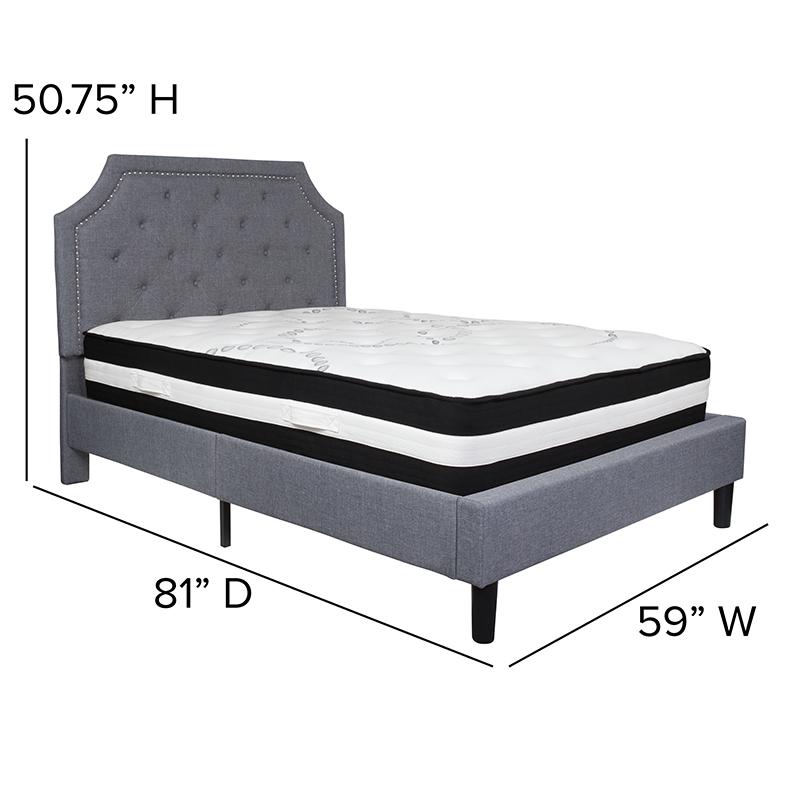 Full Size Platform Bed in Light Grey Fabric with Pocket Spring Mattress