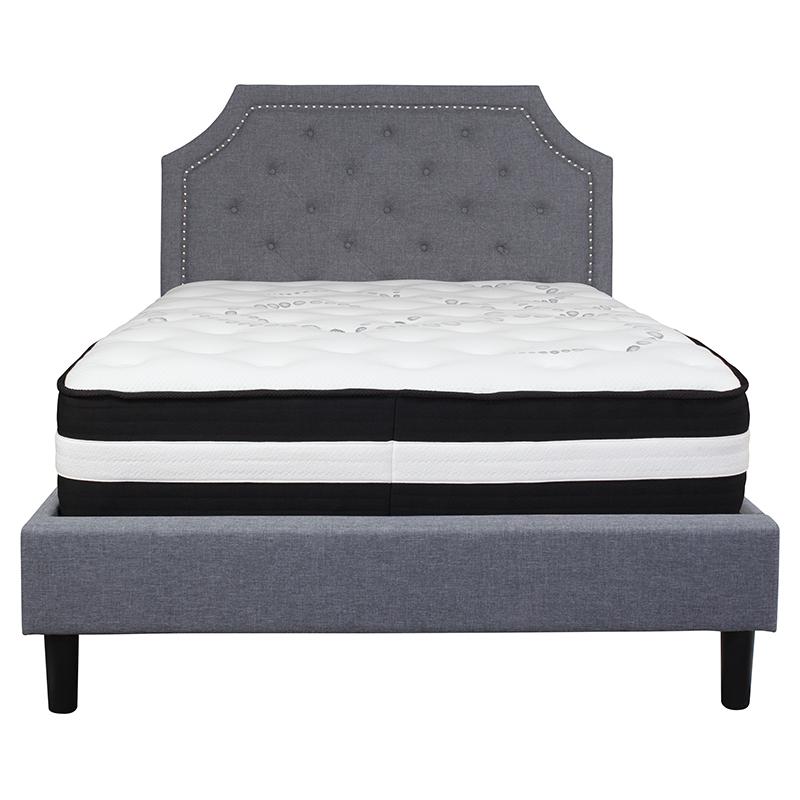 Full Size Platform Bed in Light Grey Fabric with Pocket Spring Mattress