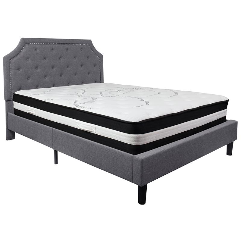 Queen Size Platform Bed in Light Grey Fabric with Pocket Spring Mattress