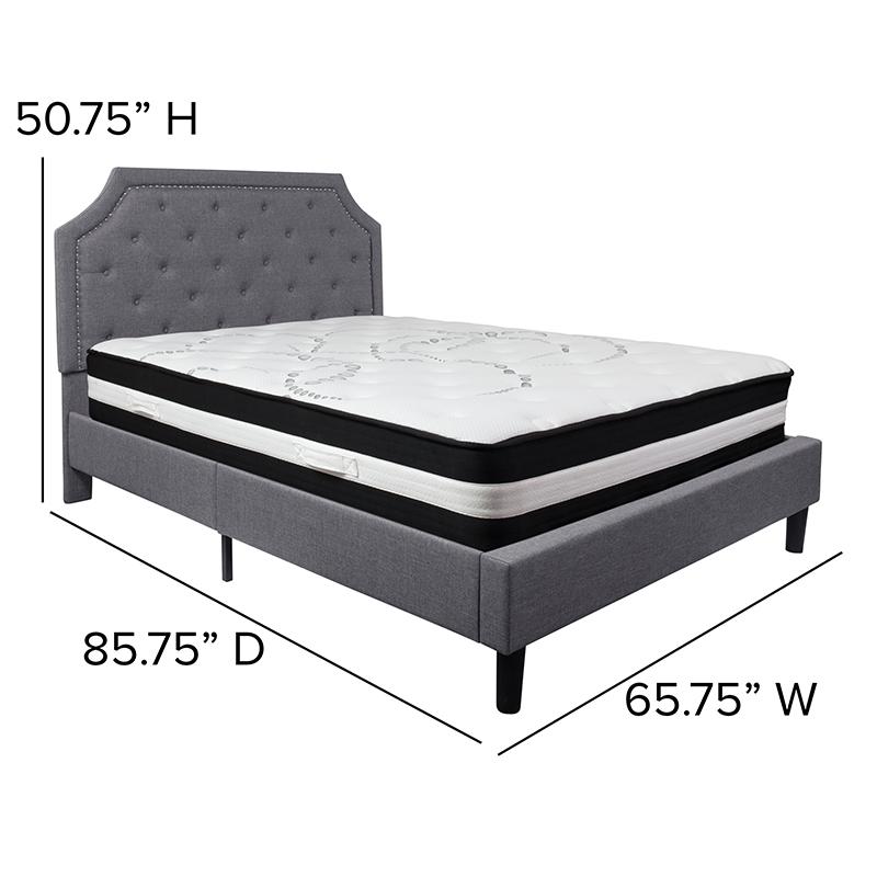 Queen Size Platform Bed in Light Grey Fabric with Pocket Spring Mattress