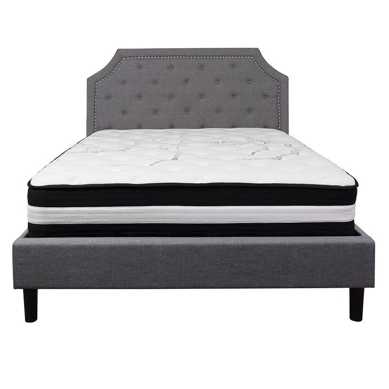 Queen Size Platform Bed in Light Grey Fabric with Pocket Spring Mattress