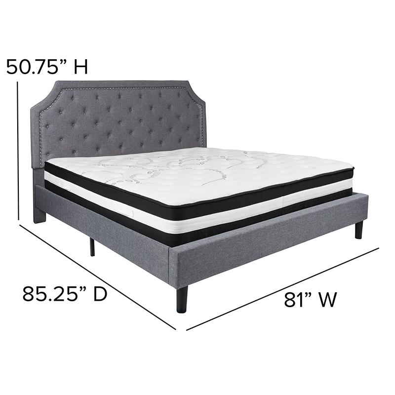 King Size Platform Bed in Light Grey Fabric with Pocket Spring Mattress