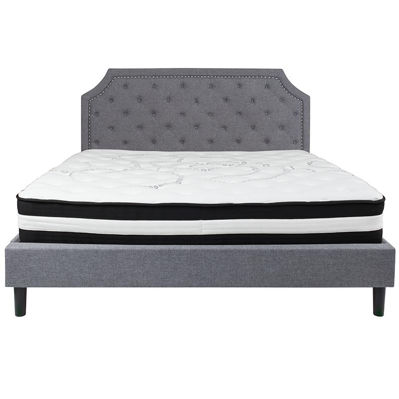 King Size Platform Bed in Light Grey Fabric with Pocket Spring Mattress