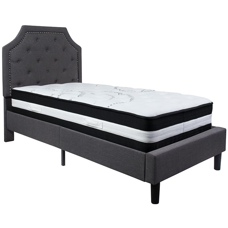 Twin Size Platform Bed in Dark Grey Fabric with Pocket Spring Mattress