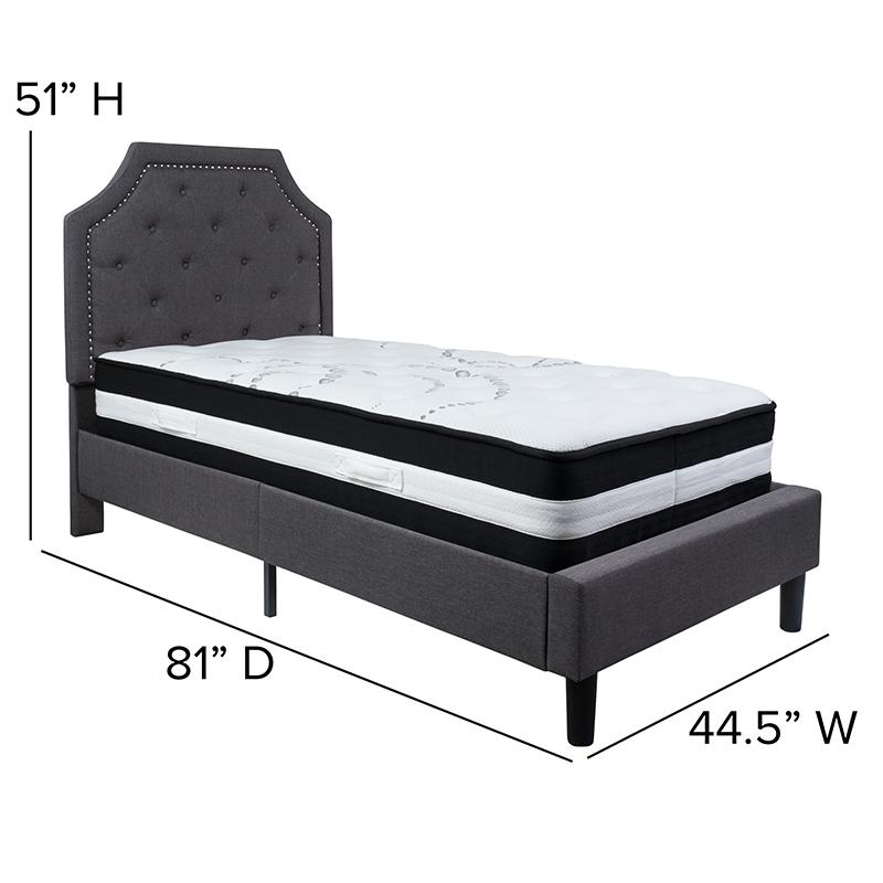 Twin Size Platform Bed in Dark Grey Fabric with Pocket Spring Mattress