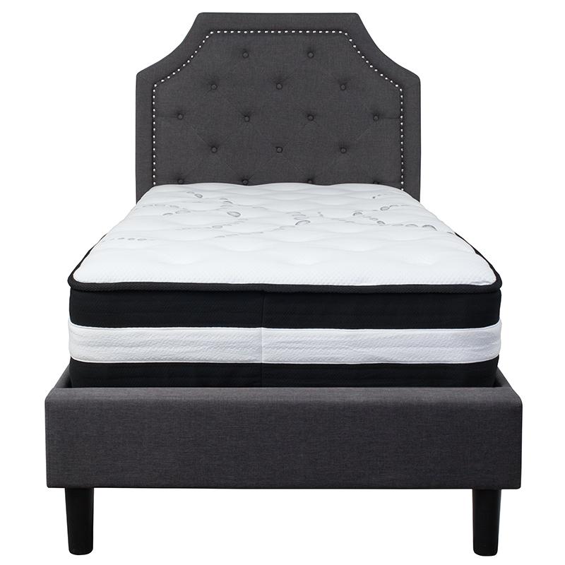 Twin Size Platform Bed in Dark Grey Fabric with Pocket Spring Mattress