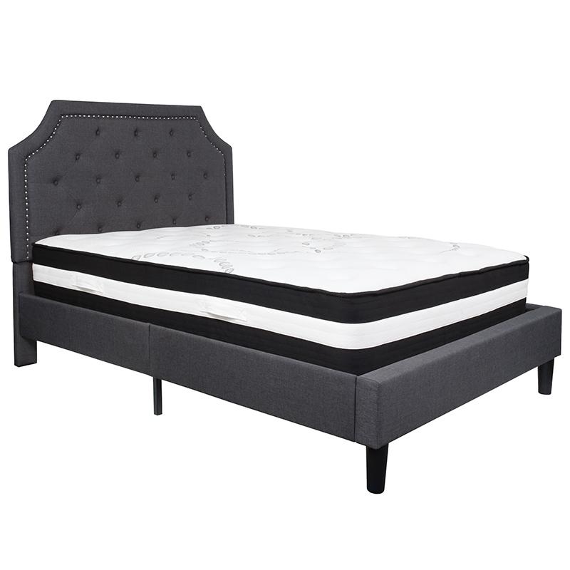 Full Size Platform Bed in Light Grey Fabric with Pocket Spring Mattress