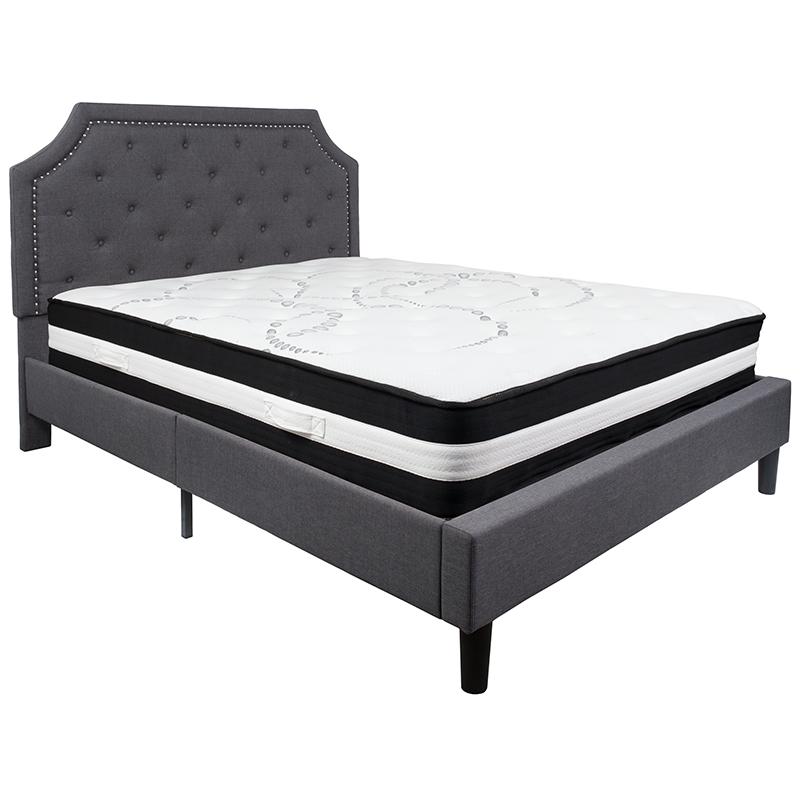 Queen Size Platform Bed in Light Grey Fabric with Pocket Spring Mattress